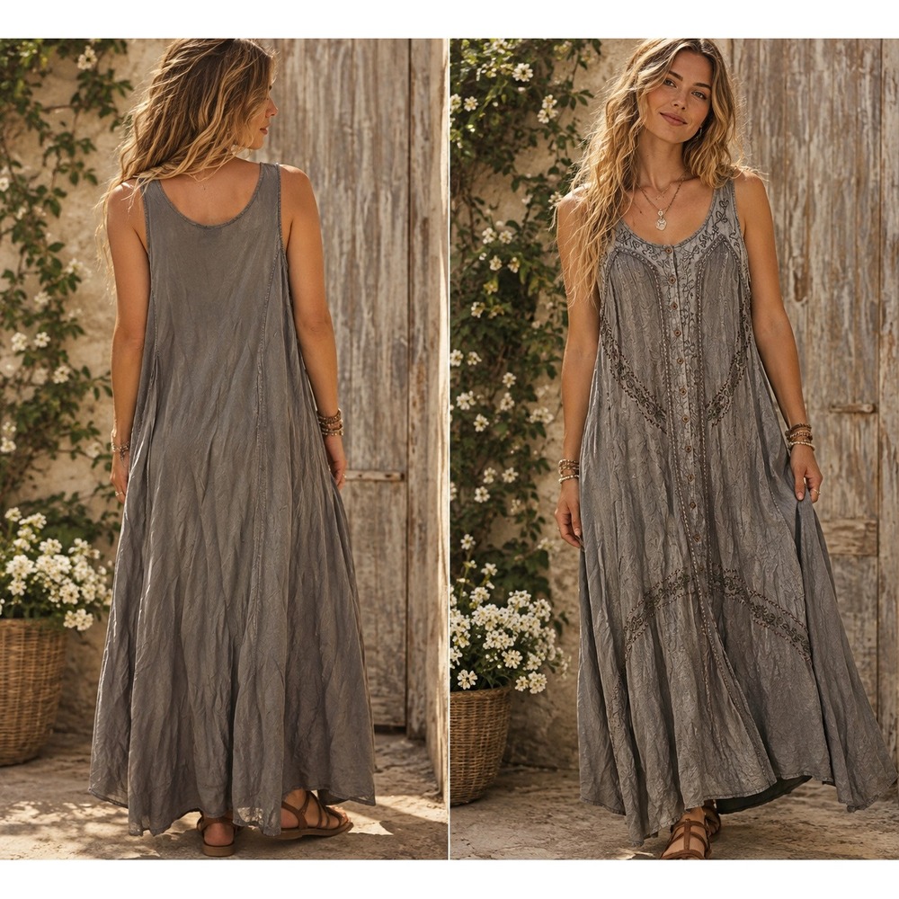 Cubicle Grey Victorian Cottage Rayon Sleeveless Button Front Maxi Dress One Size